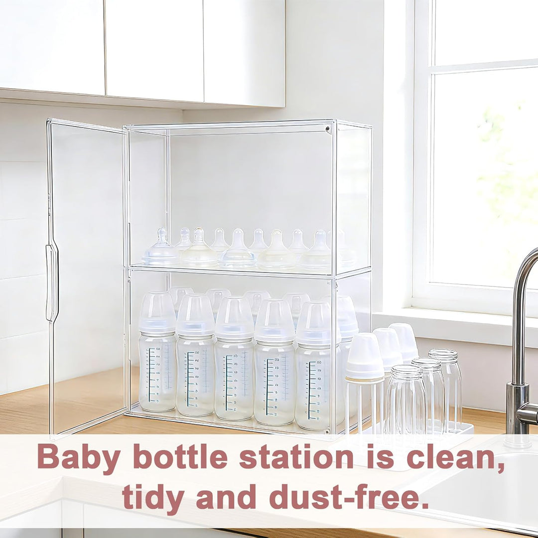 Babyflasche Organizer, 3-Etagen Klar Acryl Lagerung Box mit 2 Entfernbar Trennwände &amp; Magnet Tür Gro