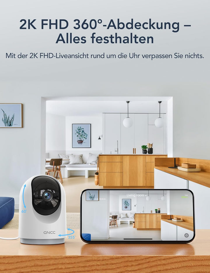 GNCC Überwachungskamera Innen - 2K Kamera Überwachung Innen, 360° WLANkamera Indoor Hundekamera mit