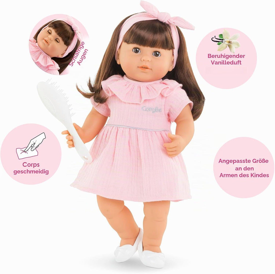 Corolle Mon Grand Poupon Julie, 36cm Weichkörperpuppe mit langem braunen Haar, inkl. Bürste, Schlafa