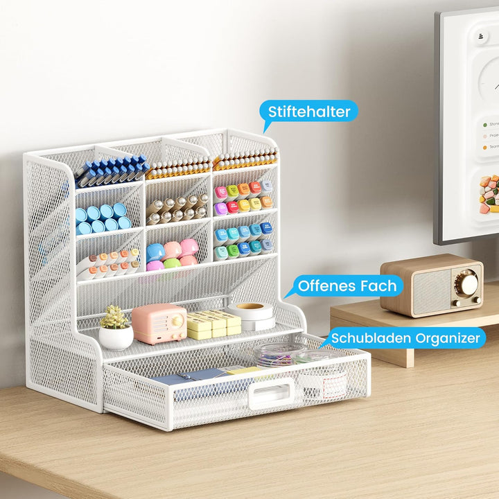 VITVITI Schreibtisch Organizer, 9 Fächer Stiftehalter mit Schublade, Netz Stifte Regal aus Metall, S
