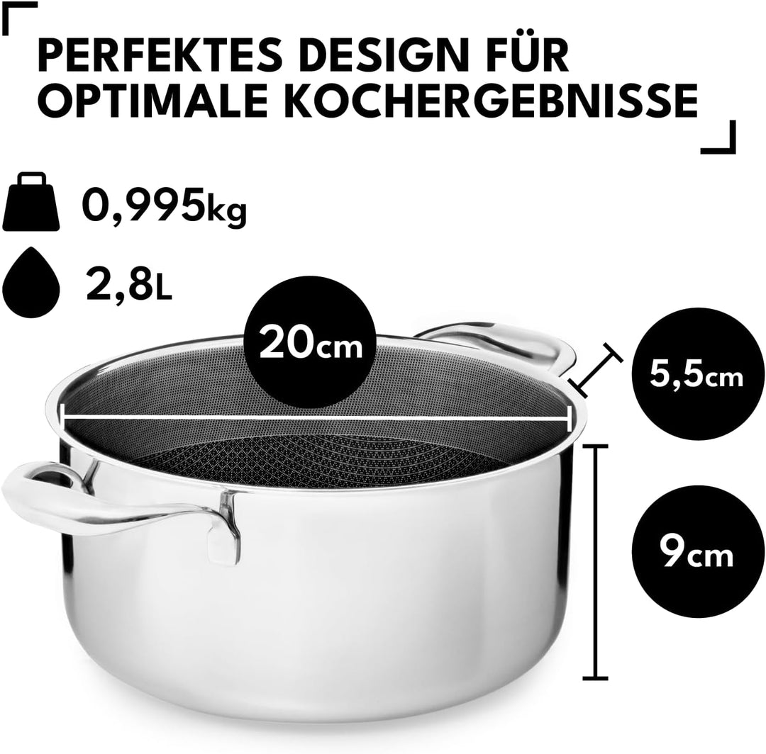 Kochtopf 20 cm, 2.8 l | Beschichteter Topf Induktion | Für Alle Herdarten | Kratzfeste Antihaft-Ober