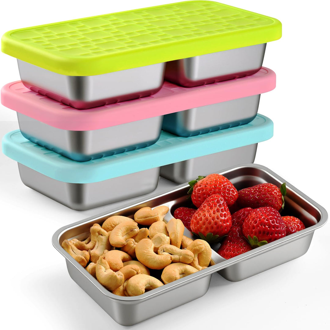 Edelstahl Snackbox mit Fächern und Silikondeckel, 3 Pack Snackteller Stapelbar & Auslaufsicher Snack