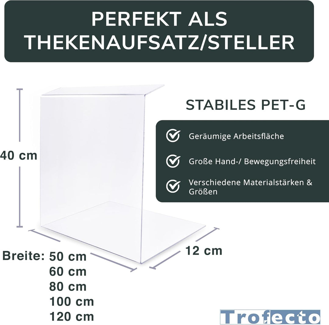 Spuckschutz Trennwand aus PETG Acrylglas als Thekenaufsatz - Acrylglas Aufstelller - Typ 2 (100x50cm
