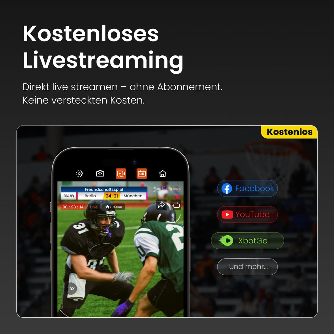 XbotGo Falcon 4K AI Sport Kamera mit Auto Tracking – Fussball & Basketball für Teams, Action Cam mit