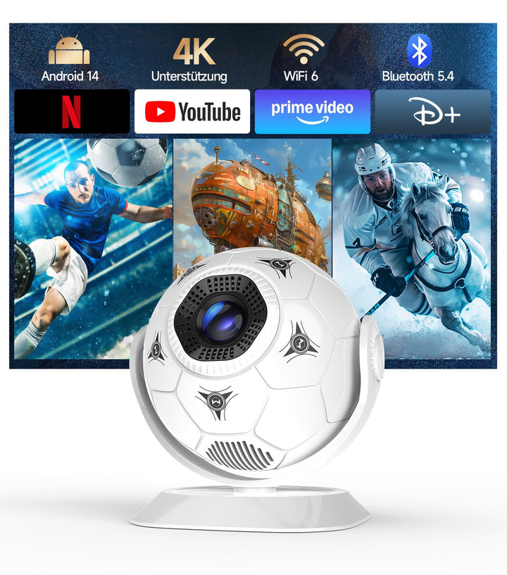 Magcubic Mini Beamer Projektor 4K Support, 360° Fussball-Motiv Beamer Klein Heimkino Outdoor WiFi 6