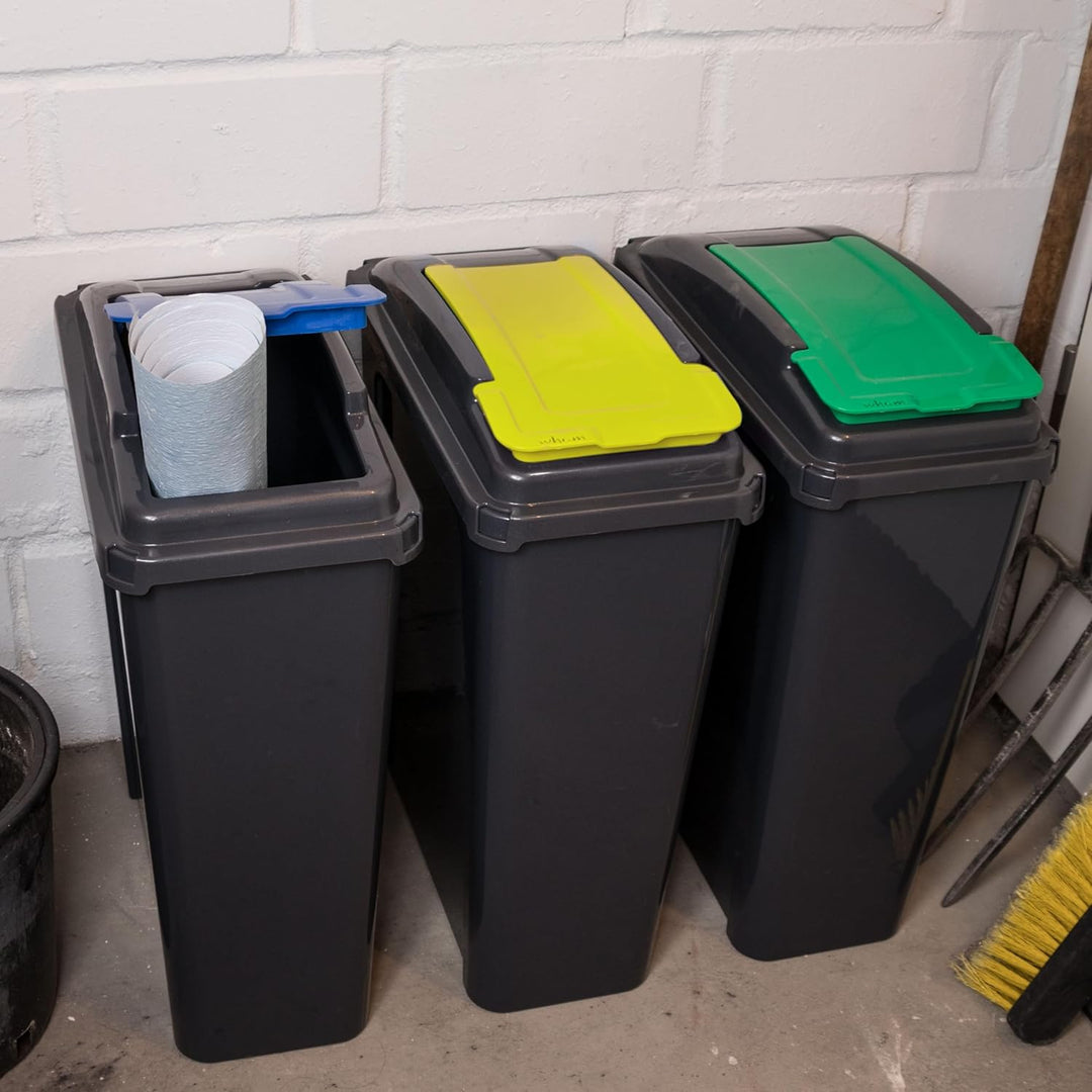 Mülltonne 3x 25 Liter Schwarz-Gelb-Grün-Blau, Mülleimer Küche, Mülleimer 3 Fächer, Mülltrennsystem 3