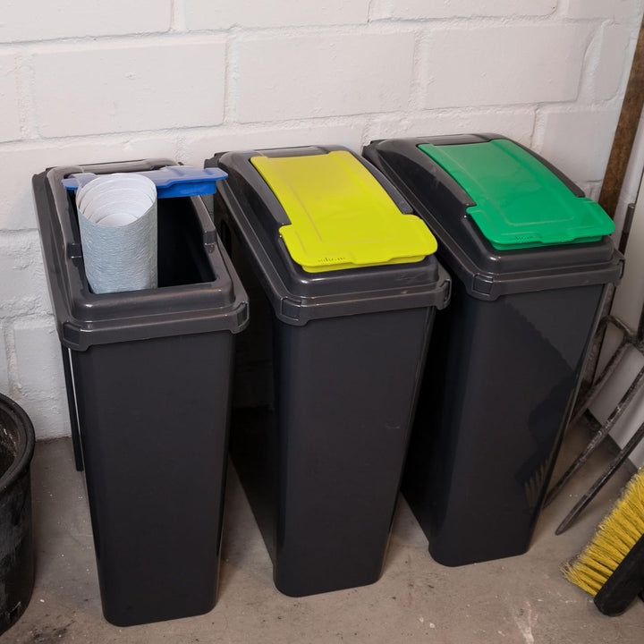 Mülltonne 3x 25 Liter Schwarz-Gelb-Grün-Blau, Mülleimer Küche, Mülleimer 3 Fächer, Mülltrennsystem 3