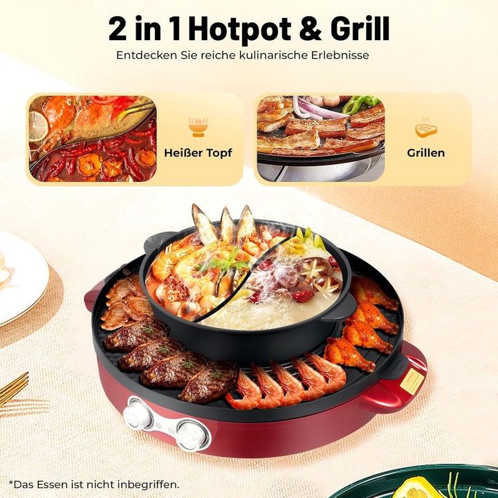 Elektrischer Hot Pot 2200W, 2 in 1 BBQ Grillplatte, Tragbare Tischgrill Hotpot Topf mit Antihaftbesc