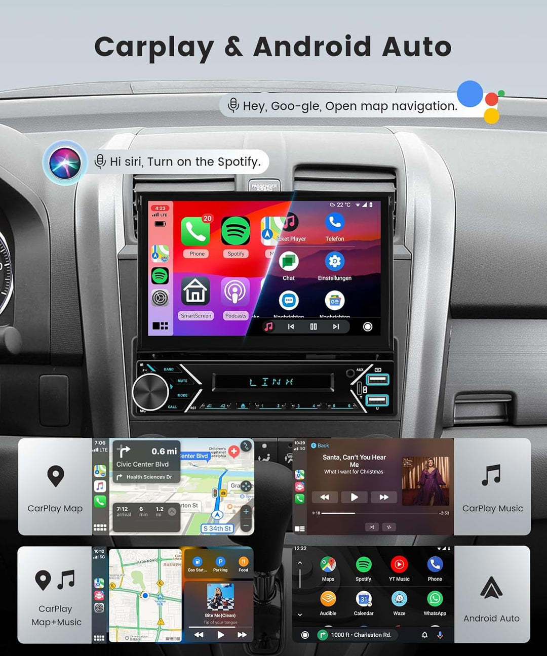 1 DIN DAB+ Autoradio mit 7" automatisch ausfahrbarem Bildschirm, Podofo Wireless CarPlay & Android A