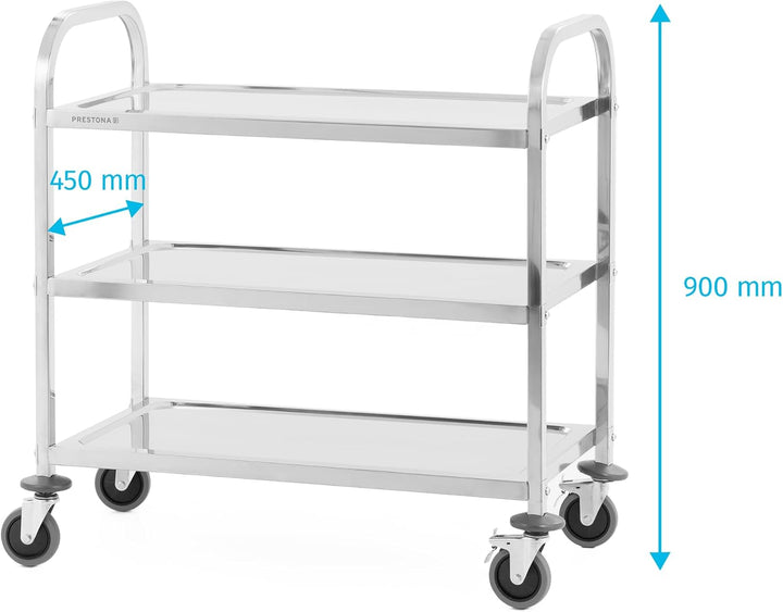 TECHNICA PRESTONA Servierwagen Edelstahl 3 Etagen mit Rollen & Bremse Quadratischer Griff 850x450x90