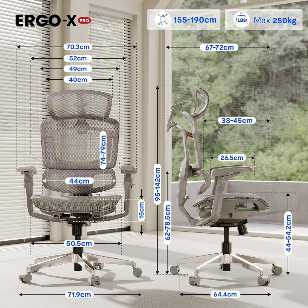 FLEXISPOT ErgoX Pro Ergonomischer Bürostuhl mit 12-stufiger Höhenverstellung, 7D-Armlehnen, 5D-Lende