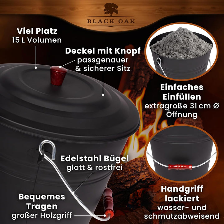 BLACK OAK Ascheeimer KATLA 15L – schwarz Deckel mit Holzknopf - gross 15 Liter - Stahl feuerfest ver
