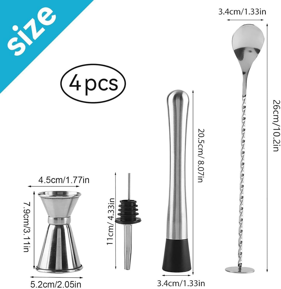 4Pcs Cocktail Stössel Aus Edelstahl Mit Stössel Rührlöffel, Edelstahl Cocktail Muddler Stampfer Moji