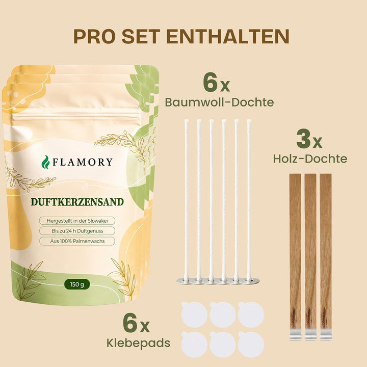 Duftkerzensand Set – mit Duft & Dochten (9 Stk.) – ohne Paraffin – aus Pflanzenwachs – einfache Anwe