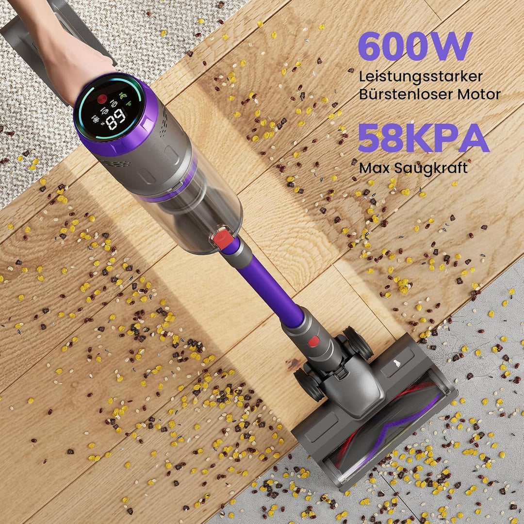 Akku Staubsauger, 600W/58000Pa/75Min, Laufzeit Staubsauger Kabellos mit Smart LED Display und Ladest