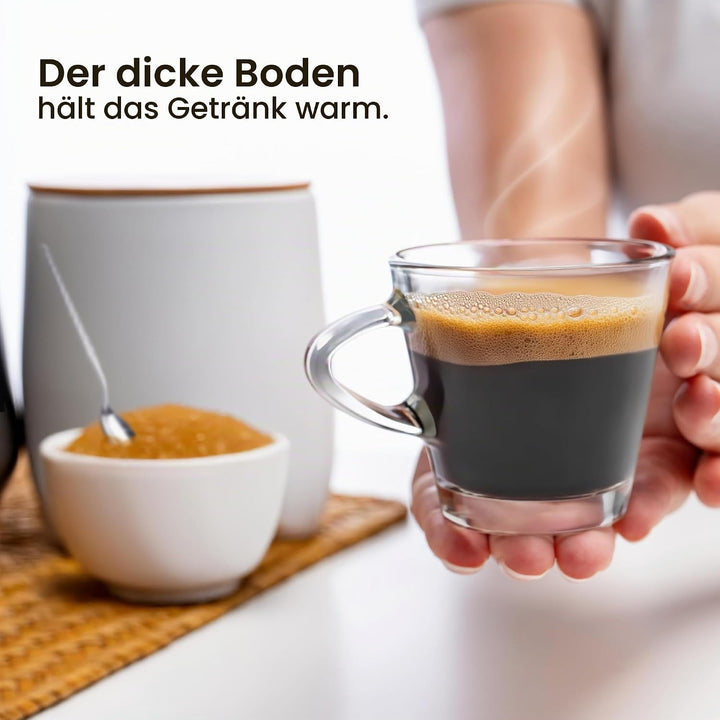 KONZEPT Espressotassen Set 80 ml, 12er Espressogläser, Espresso Tassen aus Glas mit Henkel, 12