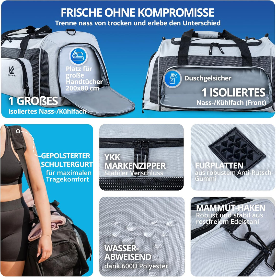 VL® Sporttasche mit Schuhfach, Nassfach &amp; [Isoliertes Kühlfach] Saunatasche &amp; Reisetasche für Damen