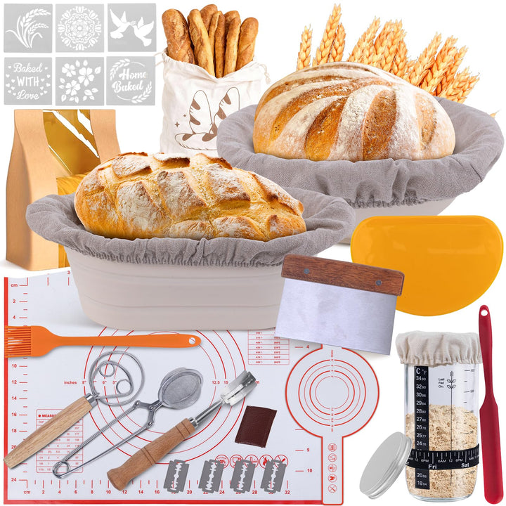 Gärkörbchen Sauerteig Starter Set – 23cm Rund &amp; 25cm Oval Brot Gärkorb Set mit Starterglas, Komplett