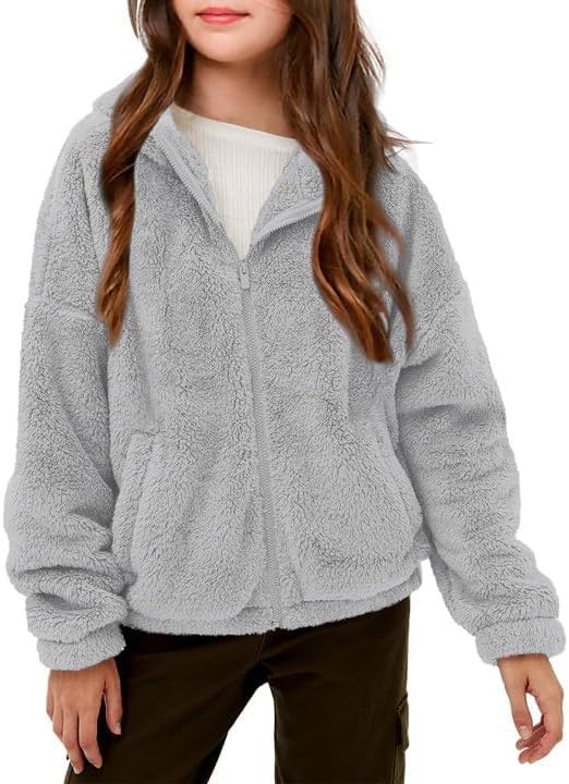 Haloumoning Mädchen Fleece Jacken Kinder Weich Fuzzy Kapuzenpullover Winter Coat Jacke 7-8 Jahre Gra