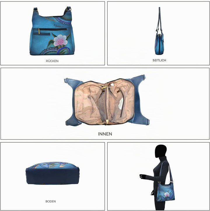 Anna by Anuschka Handbemaltes Original-Kunstwerk, echtes Leder – Tasche mit drei Fächern Denim Paisl
