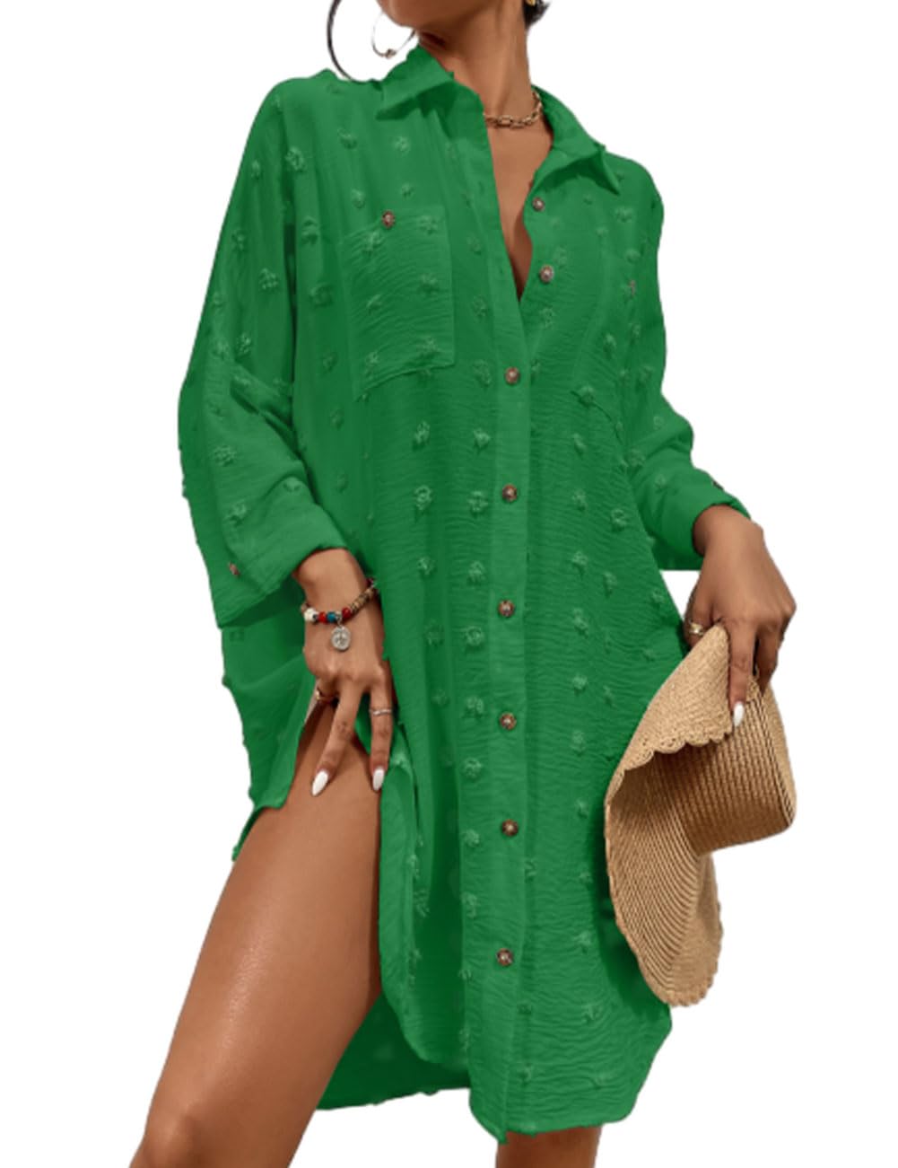 Bsubseach Damen-Badeanzug-Coverup Button-Down-Hemdkleider Swiss Dot Tops Dunkel Grün, Dunkel Grün