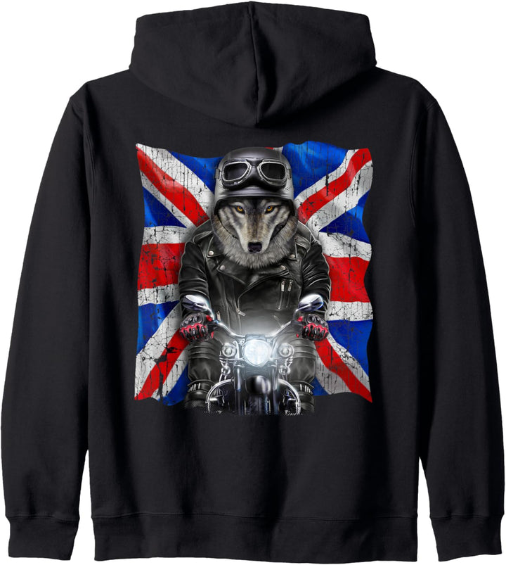 Patriot Wolf auf einem Motorrad mit Union Jack Kapuzenjacke