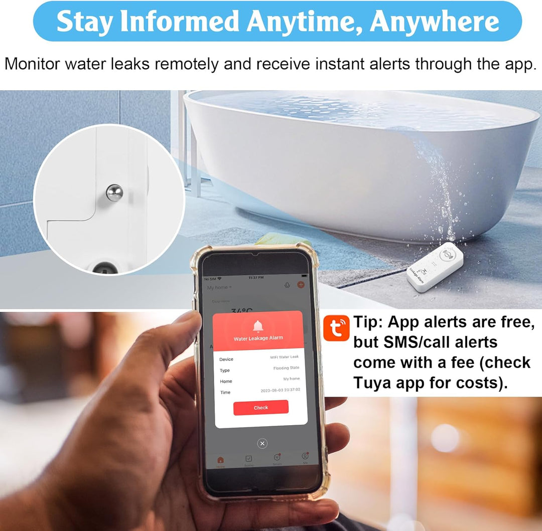 Wassermelder WLAN (2,4 G WiFi), 90 dB WiFi Wassermelder Wasseralarm und App Alarm, Wassersensor Alar