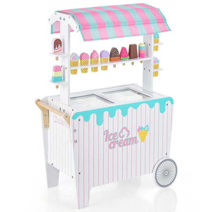 COSTWAY Kinder Eiswagen mit 12 Eiscreme, Kaufladen aus Holz mit 2 Rädern, Schiebegriff & Baldachin,