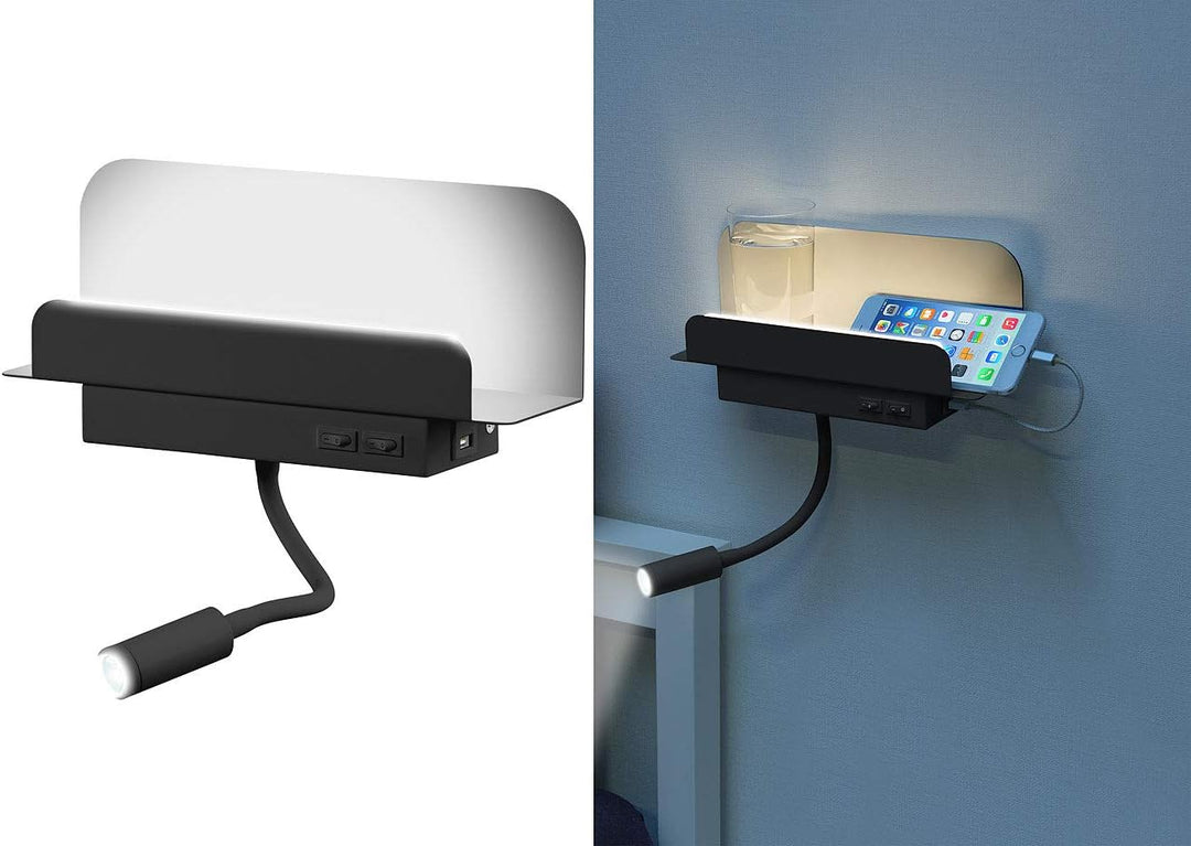 Carlo Milano Leselampe Bett: Wandregal mit Leselicht, Nachtlicht &amp; USB-Ladeport, 445 Lumen, schwarz