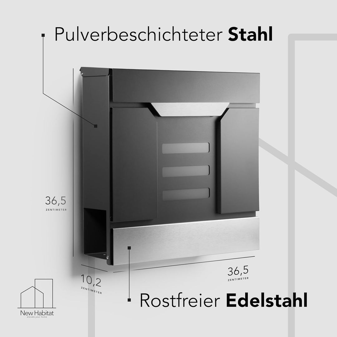 Moderner Briefkasten Personalisierbar Mailand Anthrazit RAL7016 - mit Zeitungsfach - Wandbriefkasten