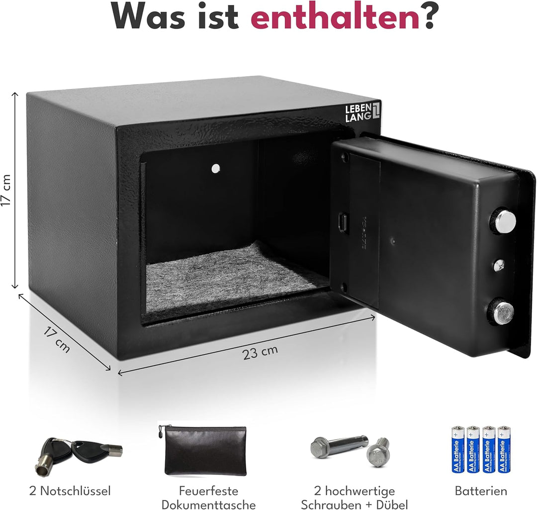 LEBENLANG 5L Safe Tresor für Zuhause - Inkl. Feuerfester Dokumententasche & Notschlüssel I Schranktr