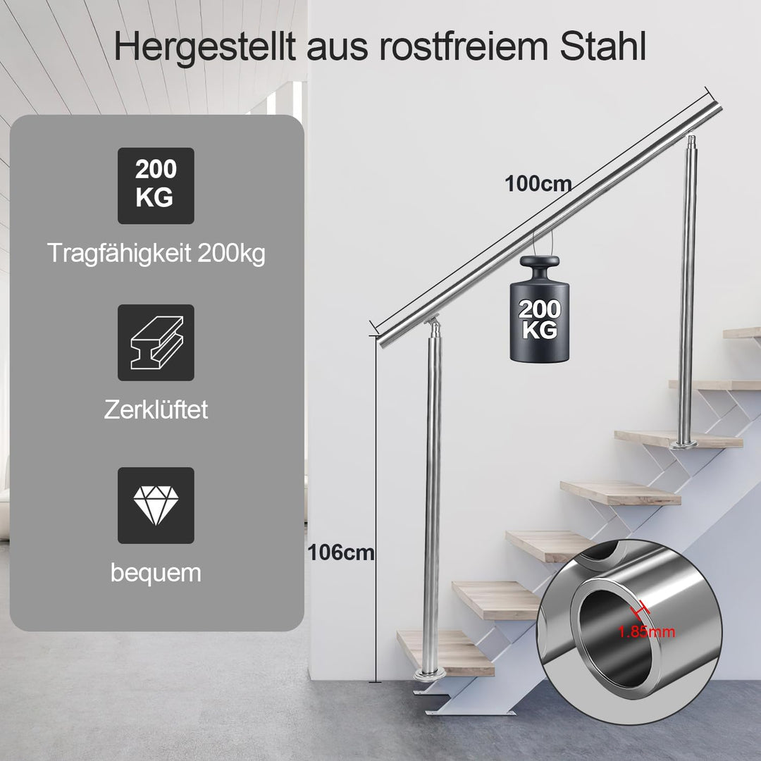 Izrielar 100cm Treppengeländer Edelstahl mit ohne Querstreben, Handlauf Winkelverstellbar, Geländer