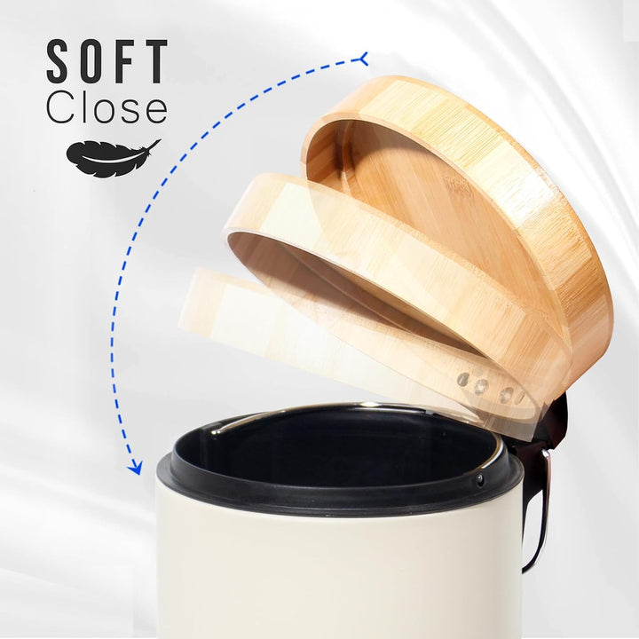 3L Mülleimer Bad mit Bambusdeckel, Kosmetikeimer mit Absenkautomatik (Soft Close), Badezimmer eimer,