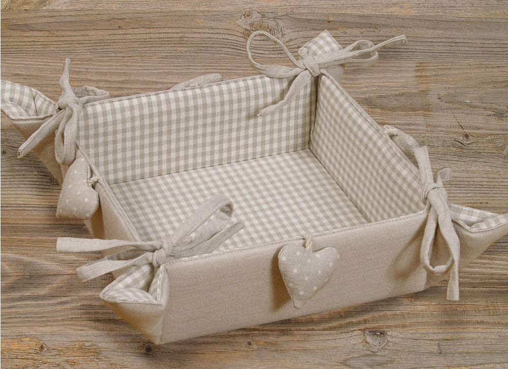 Brotkorb Stoff LINA 20x20 cm - Eckiger Brötchenkorb in beige mit Herzen & kariert - Nachhaltig aus 1