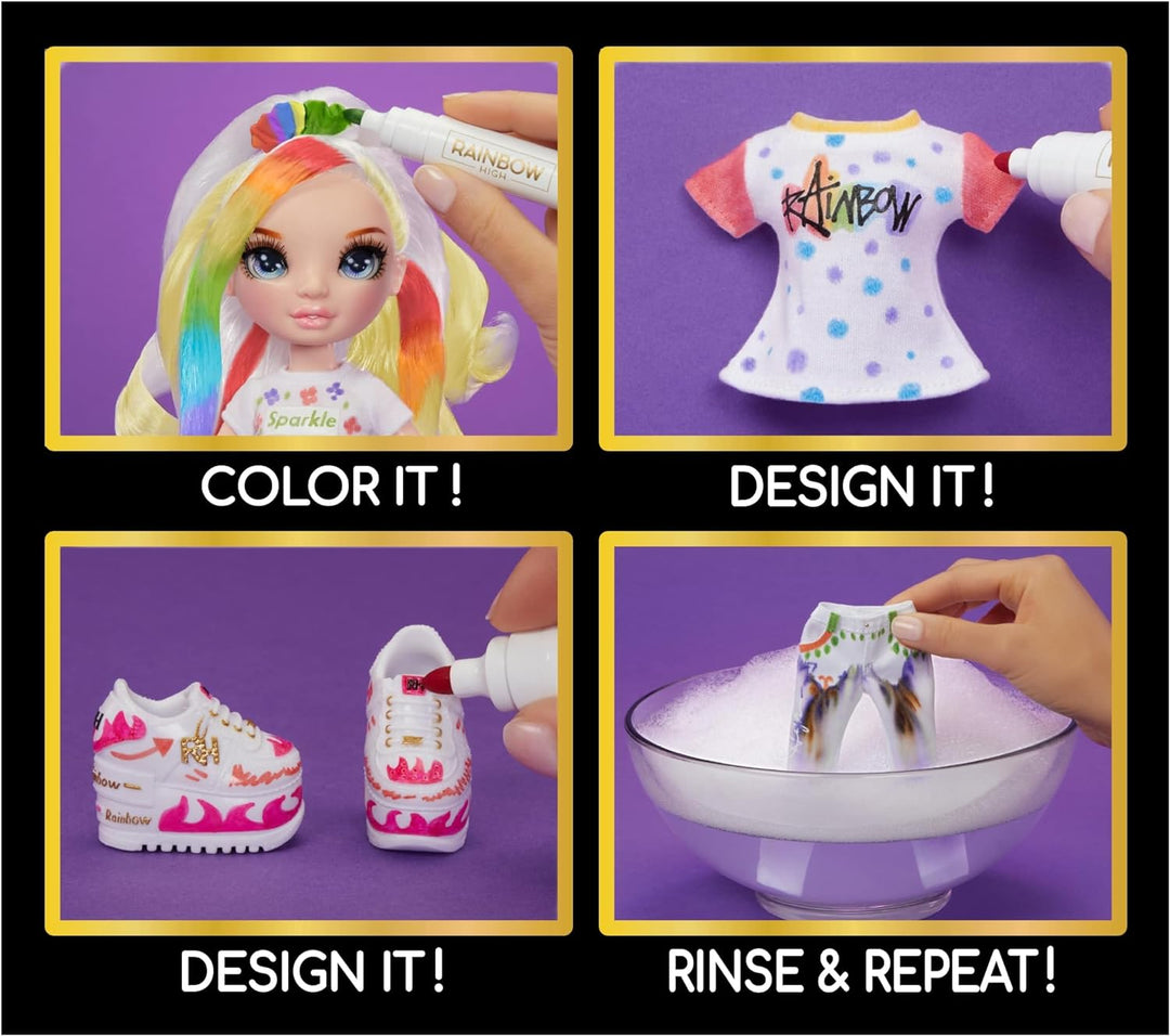 Rainbow High Color & Create DIY Modepuppe - Blaue Augen, glattes Haar, extra Top & Schuhe, abwaschba