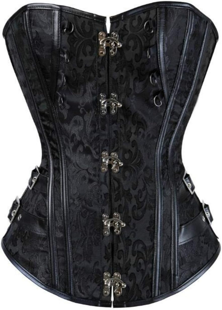 KUOSE Damen Vollbrust Faux Leder Steampunk Corsage Korsett Übergrössen S-6XL S Schwarz-2, S Schwarz-