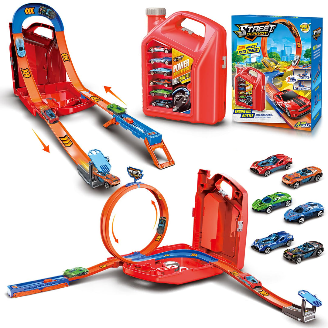Charmofun Autorennbahn für Kinder, Rennstrecke Auto Spielzeug mit 6 Autos, Aufbewahrungsbox, Auto Re