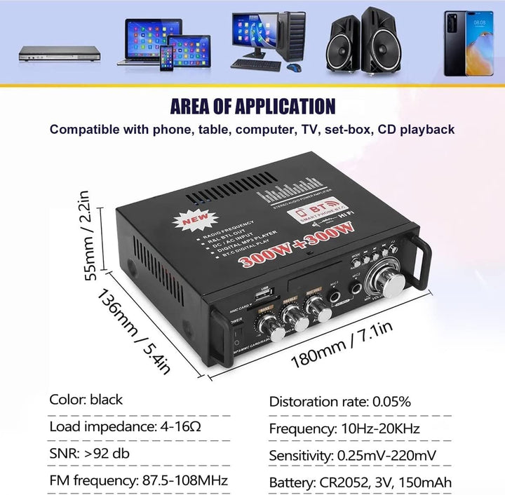 Etlephe Mini Verstärker,HIFI Verstärker,Bluetooth 5.0-Stereo Audio,12 V 220 V 600 W, 2 Kanäle, LCD-D