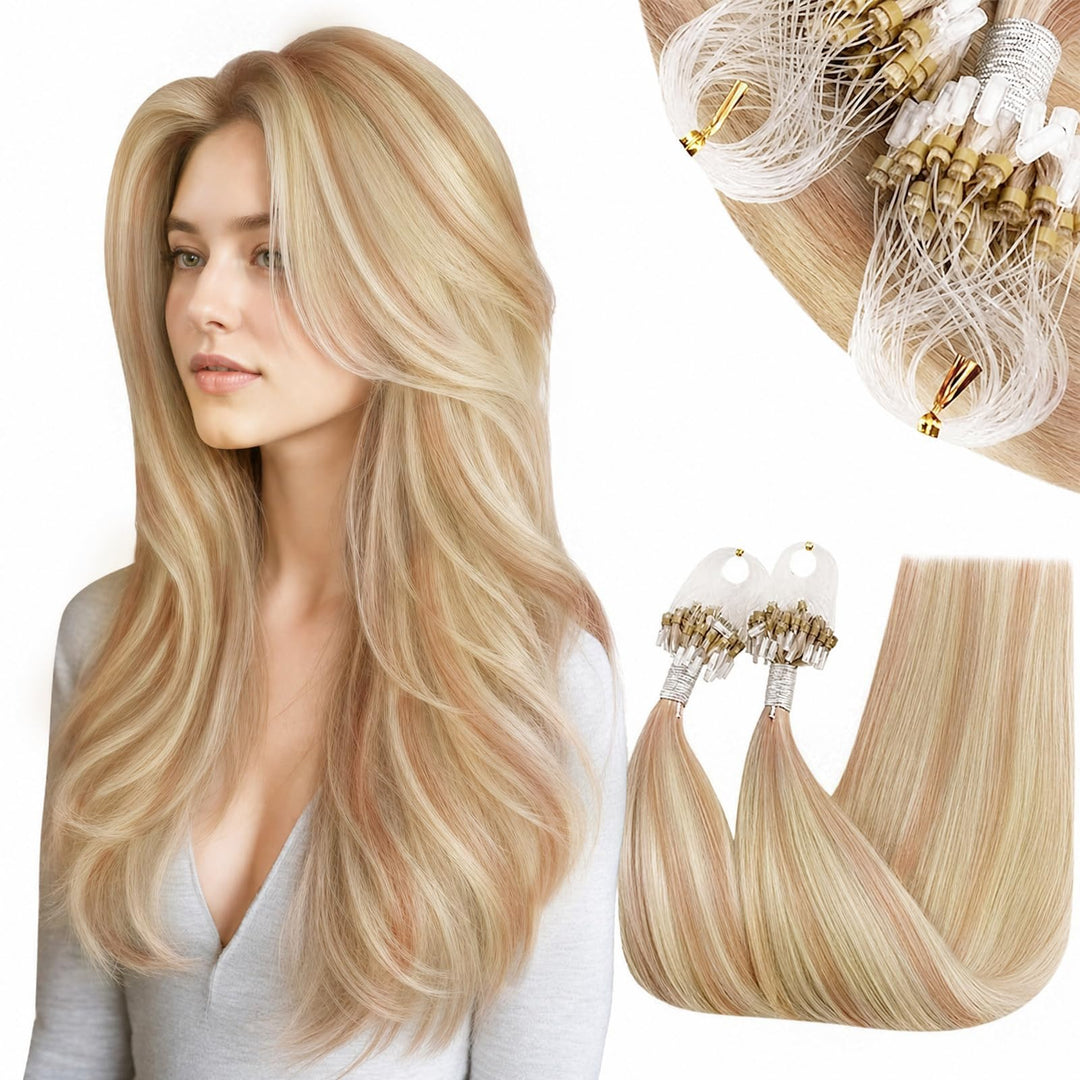 RUNATURE Micro Loop Echthaar Extensions Blond Highlights 35cm Microring Extensions Echthaar 50 Stück