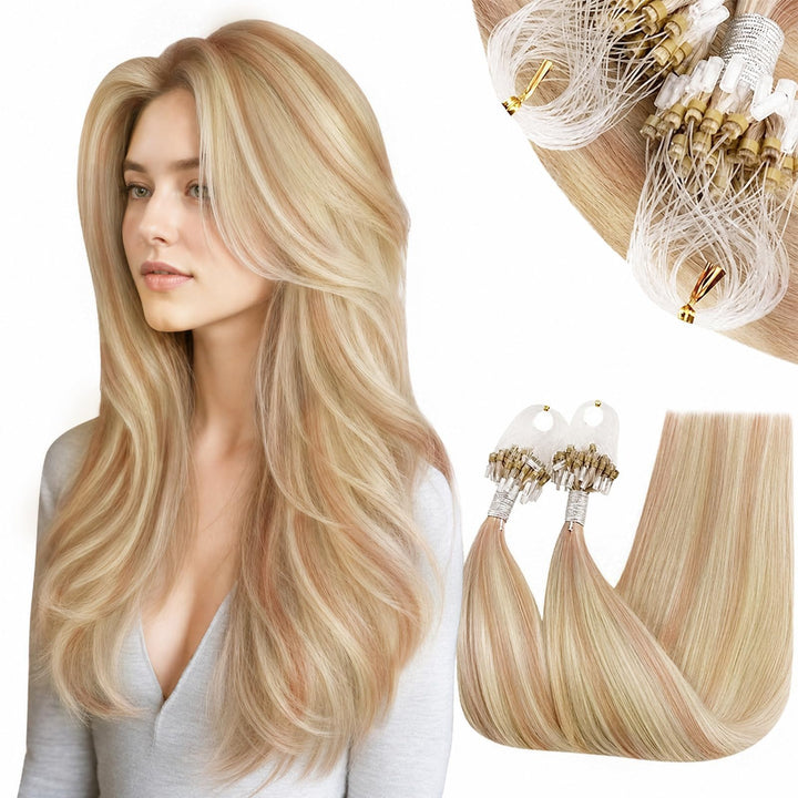 RUNATURE Micro Loop Echthaar Extensions Blond Highlights 35cm Microring Extensions Echthaar 50 Stück