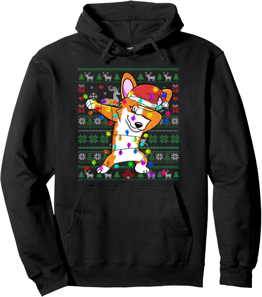 Dabbing Corgi Christmas Lights Ugly Christmas Sweater Gifts Pullover Hoodie