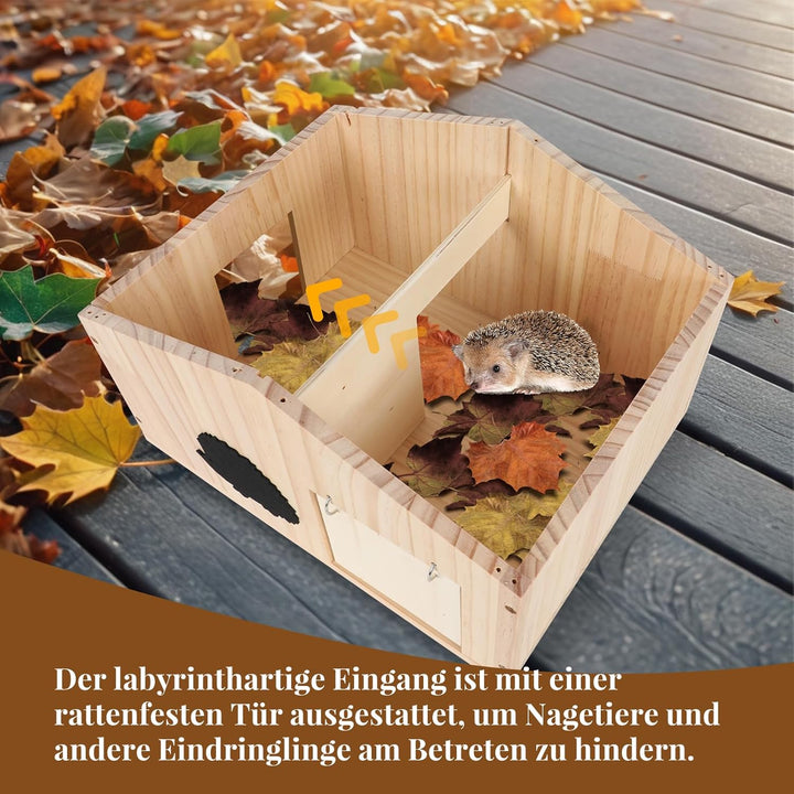 Igelhaus mit Rattenklappe und Labyrintheingang, Igelfutterhaus Winterfest Igelhotel Gross mit Boden