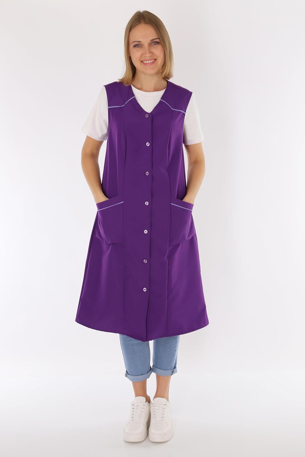 Damenkittel ohne Arm Kochschürze Kittel Schürze Knopfkittel einfarbig Hauskleid 36 Lila, 36 Lila