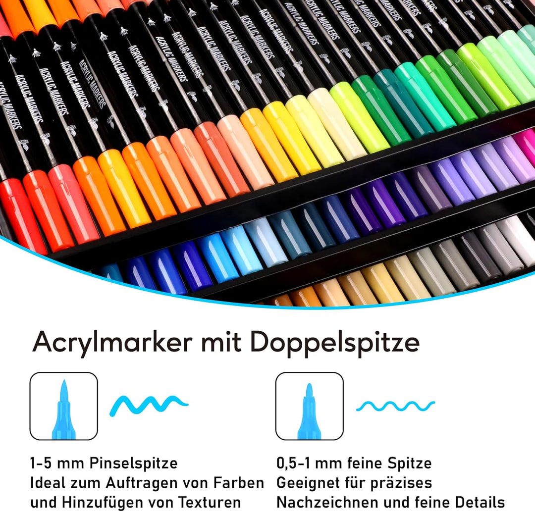 Pamaker 72 Farben Acrylstifte Set – Acrylmarker mit feiner Spitze und Pinsel für Stoff, Leinwand, Gl