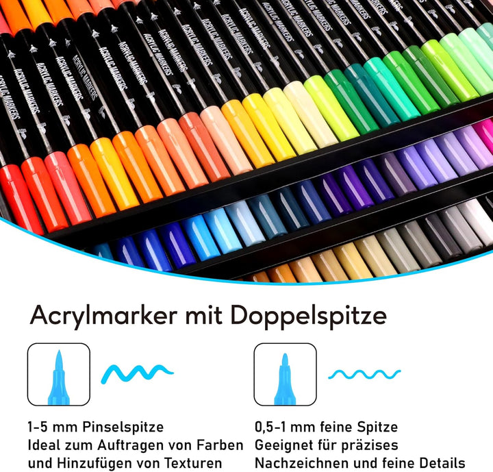 Pamaker 72 Farben Acrylstifte Set – Acrylmarker mit feiner Spitze und Pinsel für Stoff, Leinwand, Gl