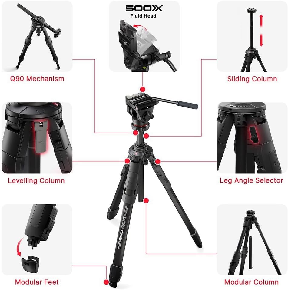 Manfrotto 500X Fluid Videokopf mit ONE Hybrid Aluminium Stativ – Foto &amp; Video Stativ Kit, 5kg Tragla
