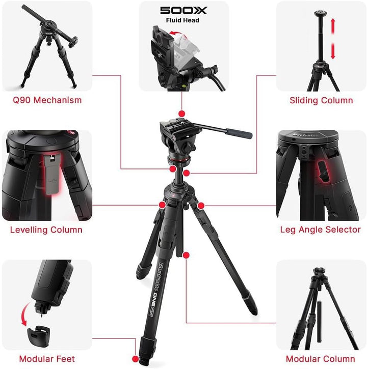 Manfrotto 500X Fluid Videokopf mit ONE Hybrid Aluminium Stativ – Foto &amp; Video Stativ Kit, 5kg Tragla