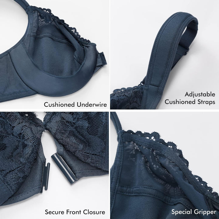 DELIMIRA Damen BH mit Vorderverschluss Bügel Spitzen BHS Grosse Brüste Soft Vollschalen Ungefüttert