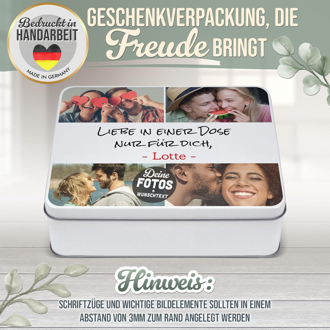 Print Royal PR Geschenkdose selbst gestalten mit 4 Fotos &amp; 3 Zeilen Text - Blechdose bedrucken, Pers