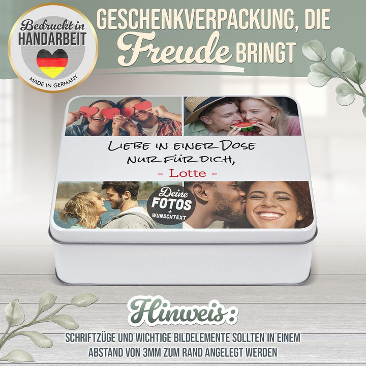 Print Royal PR Geschenkdose selbst gestalten mit 4 Fotos &amp; 3 Zeilen Text - Blechdose bedrucken, Pers